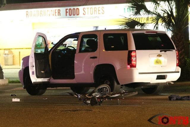 Bicycle in roadway after striking a Clearwater Police Department Chevy Tahoe