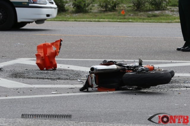 Motorcycle lays in the roadway following the crash on Starkey Rd and 122nd Ave in Largo