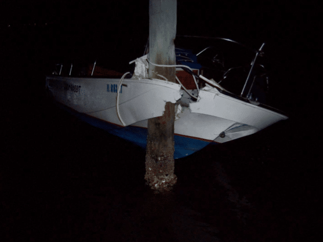 Arnold's vessel stuck to marker after impact. Photo T. Enos (FWC)