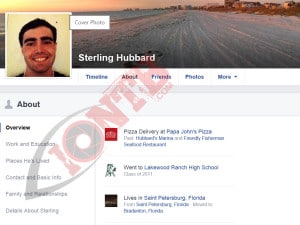 Facebook page of Sterling Hubbard. Information that he worked at Papa John's