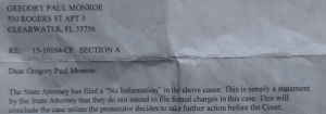 Documentation showing the State Attorney has filed "No Information" in the case